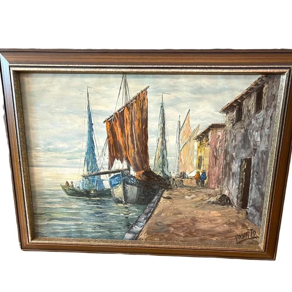 Vintage Nautical Oil Painting on Canvas Signed ROBERTO Sail boats Mid Century - Picture 10 of 12